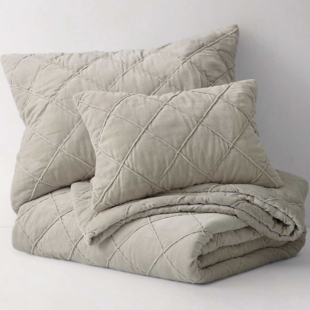 Four Restoration Hardware Grey Washed Velvet Luxurious Quilted Shams